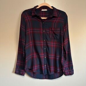 Hollister Plaid Flannel Shirt Navy Pink Long Sleeve Button Up Top Womens Size S